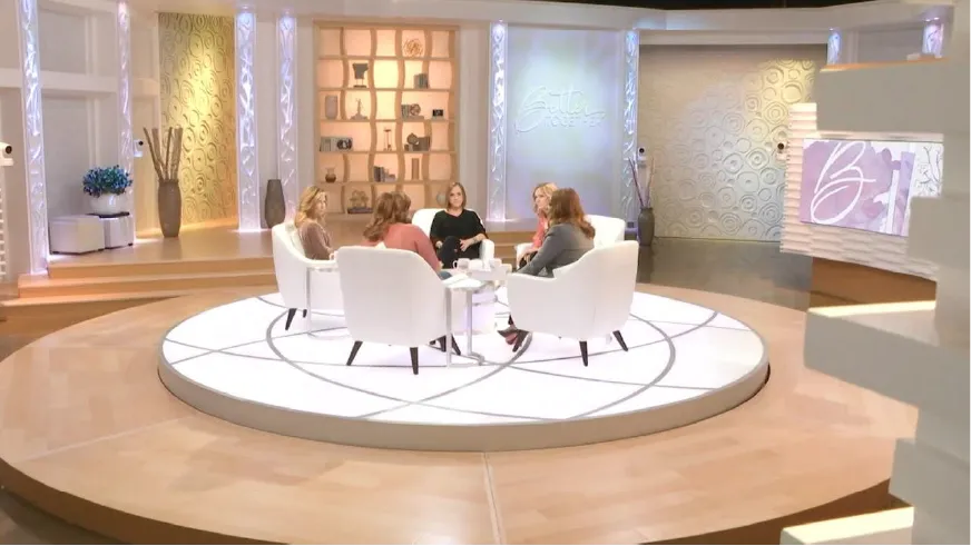 Better Together TBN Set Build by Fuller Street Fabrications 7 Wide shot of the Better Together set with custom 360-degree television studio set design for Better Together on TBN featuring rotating centerpiece, wave-finish walls, and integrated LED lighting. Built by Fuller Street fabrications.