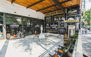 Exterior of the Jack Daniel's Lynchburg General Pop Up with Mirrorball and Fuller Street in Austin Texas