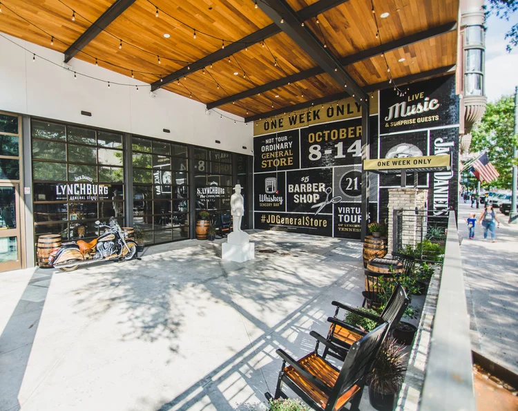 Exterior of the Jack Daniel's Lynchburg General Pop Up with Mirrorball and Fuller Street in Austin Texas