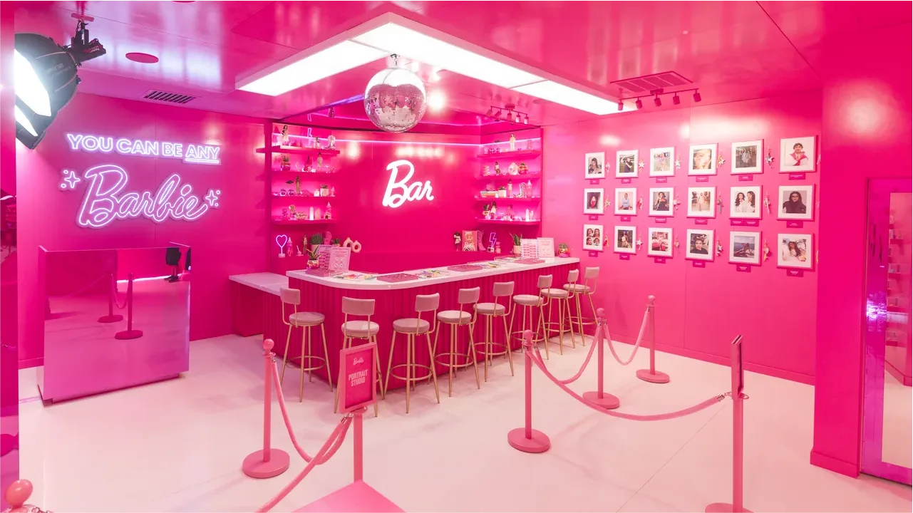 Interior view of the Barbie bar and photo moment at Coachella 2026