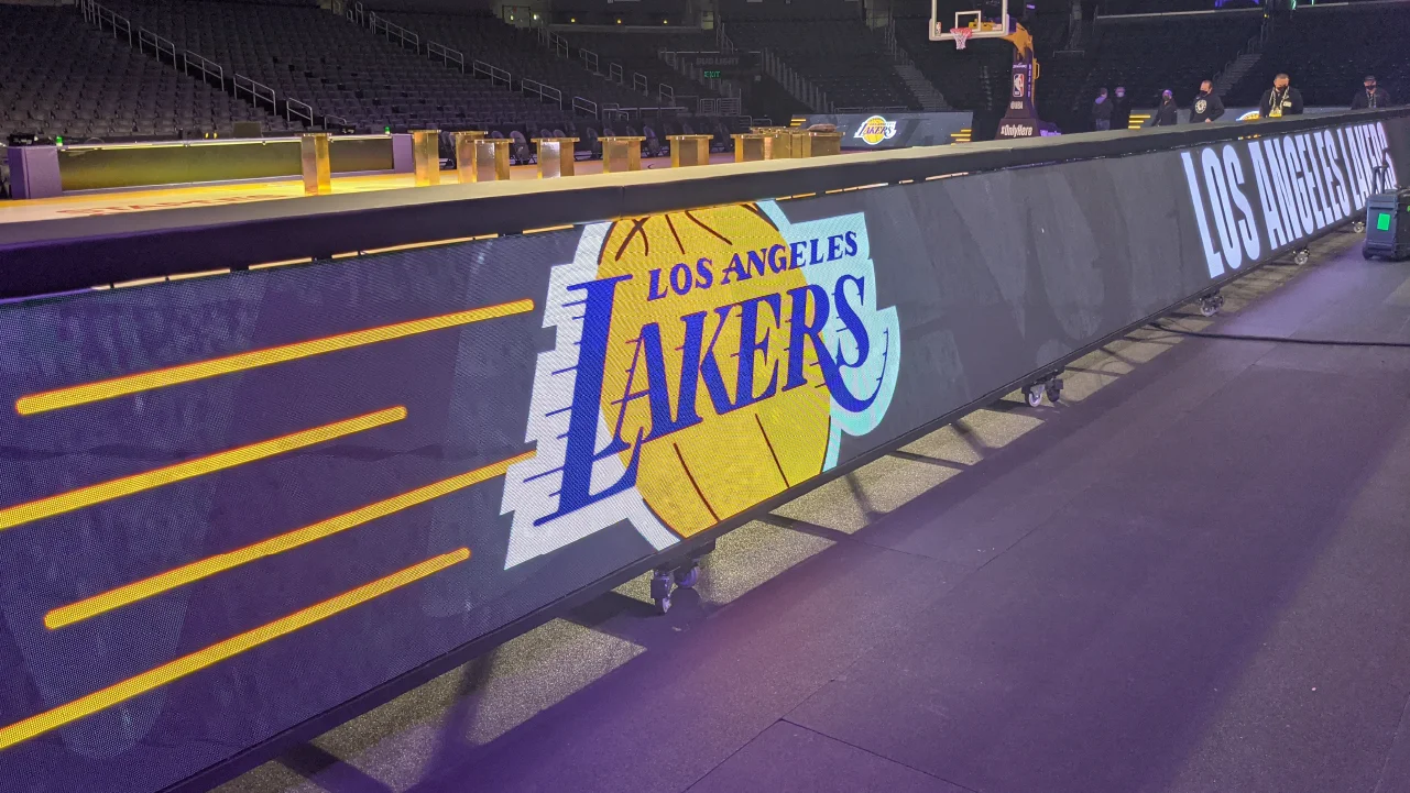 A courtside video display enclosure in a shopping mall built for the Los Angeles Lakers by Fuller Street and their experiential fabrication team in Los Angeles
