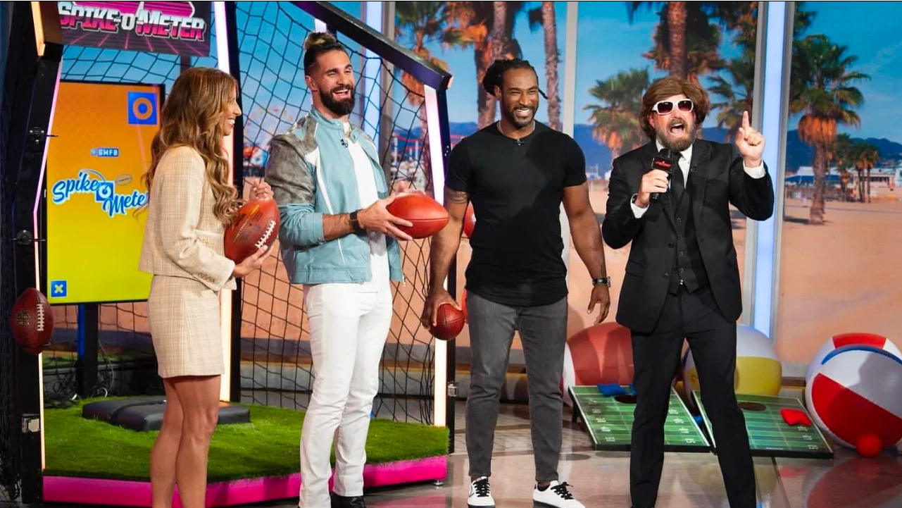 Good Morning Football hosts broadcast in front of the fan favorite Spike-O-Meter game built by Fuller Street and their experiential fabrication team in Los Angeles