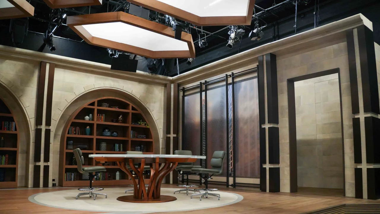 Turning Point's broadcast studio for their TBN religious talkshow airs from a set built by Fuller Street and their experiential fabrication team in Los Angeles