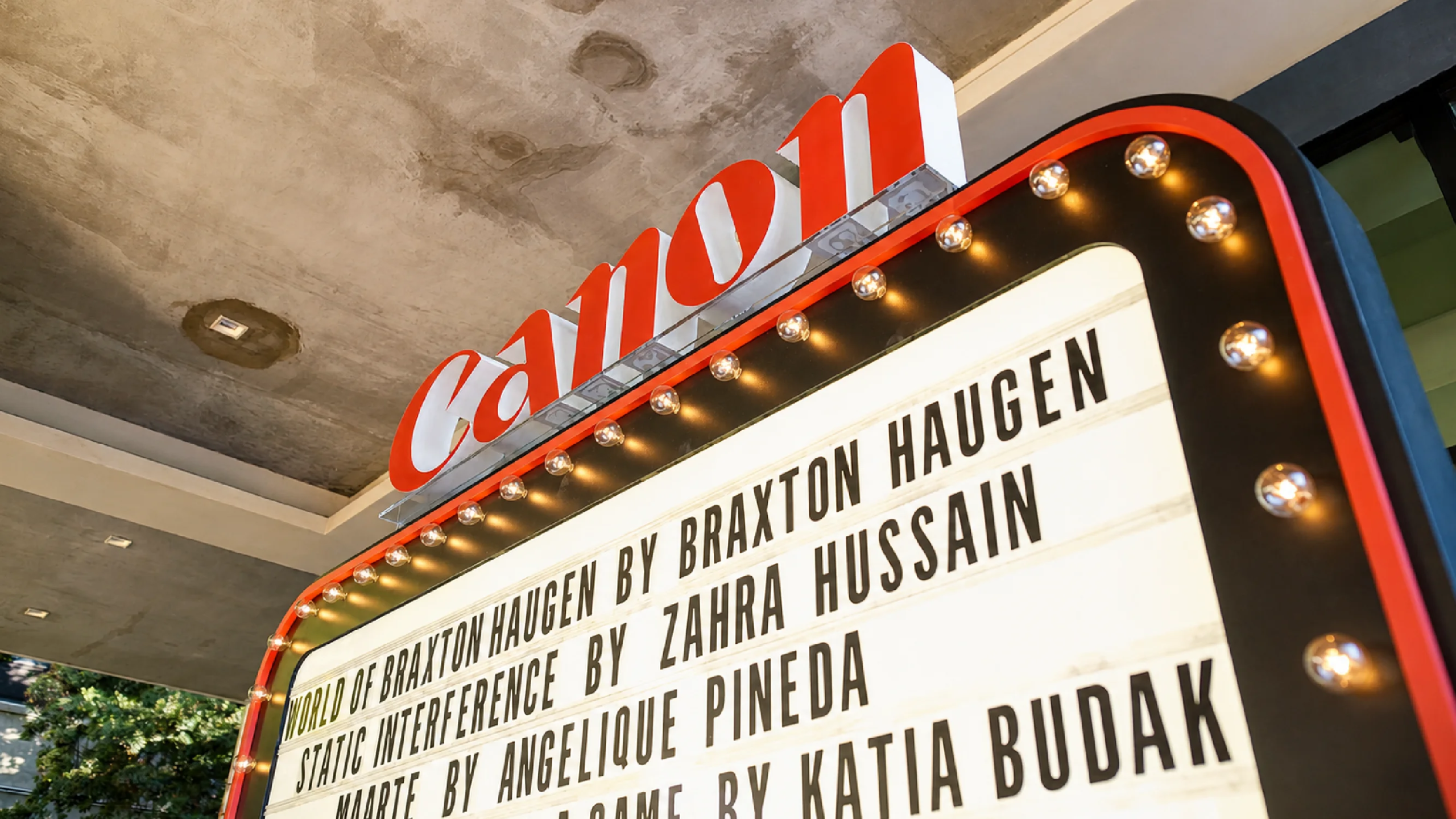 An upward look at the Canon First Cut Marquee built by Fuller Street for experiential marketing fabrication in Los Angeles